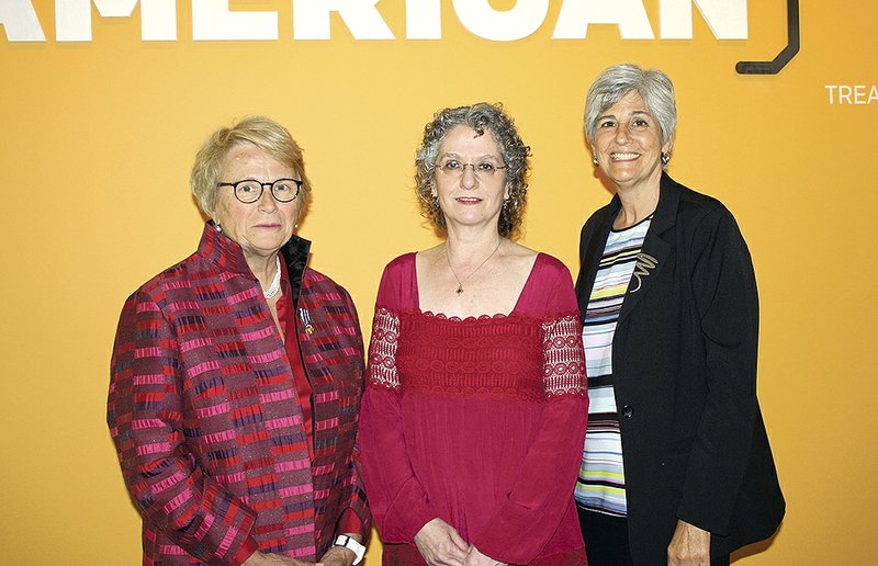 Anne-Imelda Radice, American Folk Art Museum director, (from left), Stacy Hollander, American Folk Art Museum senior curator, and Margaret Conrads, Crystal Bridges director of curatorial affairs, visit at the “American Made” VIP preview.