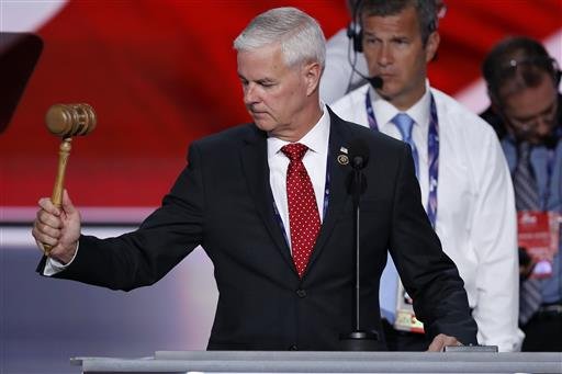 Rep. Steve Womack, R-Ark., tests out the gavel during a sound check before the opening session of the Republican National Convention in Cleveland on Monday, July 18, 2016. 
