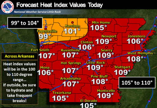 Heat index temperatures were likely to rise above 105 degrees Monday, and much of the rest of the week, according to the National Weather Service. 