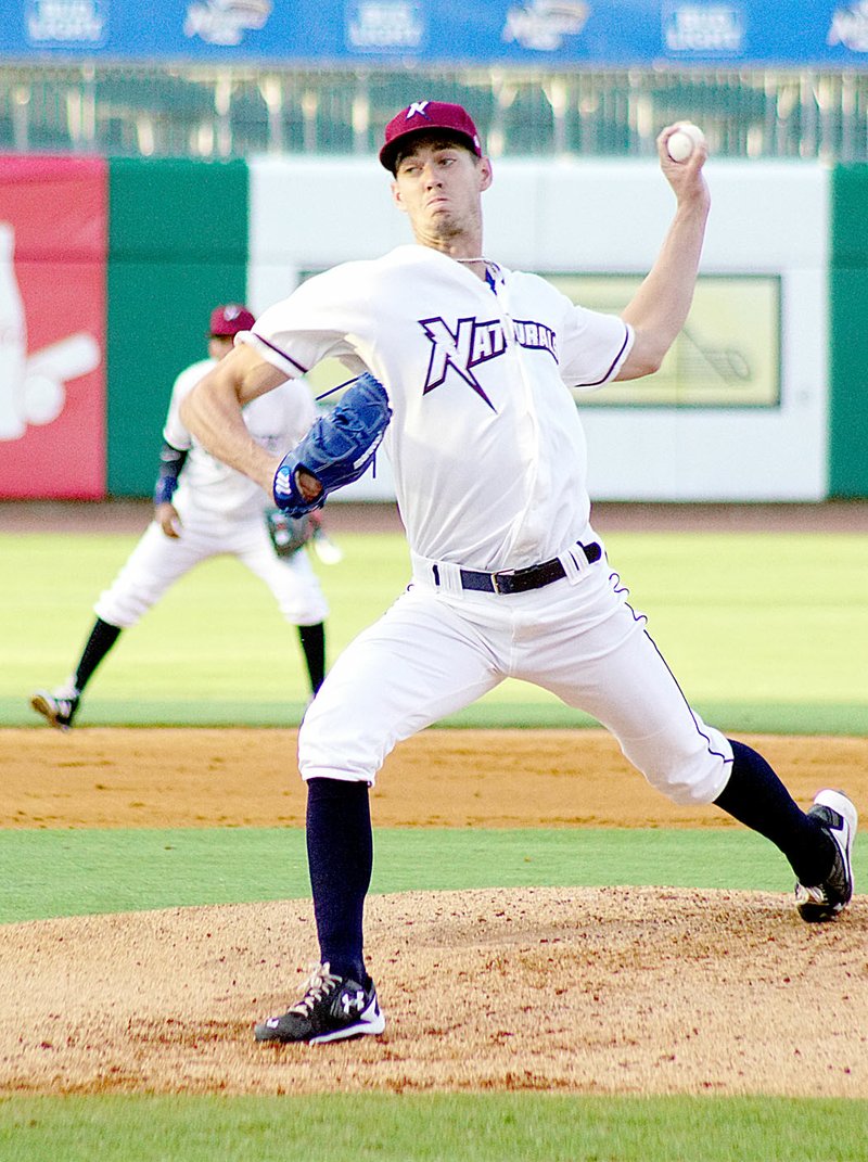 Randy Moll/Westside Eagle Observer Eric Skoglund, left-handed pitcher for the Naturals, lets go of a pitch during play against the Springfield Cardinals in Arvest Ballpark at Springdale on Wednesday, July 13. The Naturals return home on Thursday to host Springfield in a four-game series.