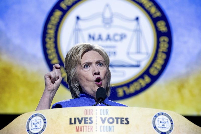 Democratic presidential candidate Hillary Clinton speaks at the 107th National Association for the Advancement of Colored People annual convention at the Duke Energy Convention Center in Cincinatti, Monday, July 18, 2016. 