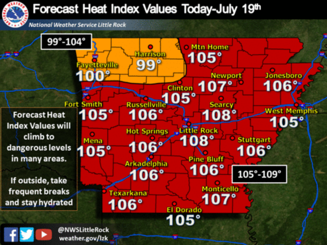 This graphic from the National Weather Service details expected heat index values around the state Tuesday.