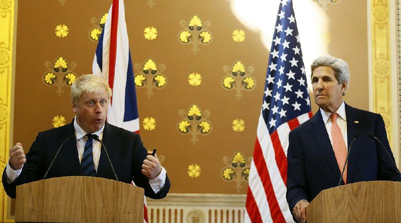 Britain’s Foreign Secretary Boris Johnson (left) speaks during a news conference with U.S. Secretary of State John Kerry at the Foreign Office in London on Tuesday.