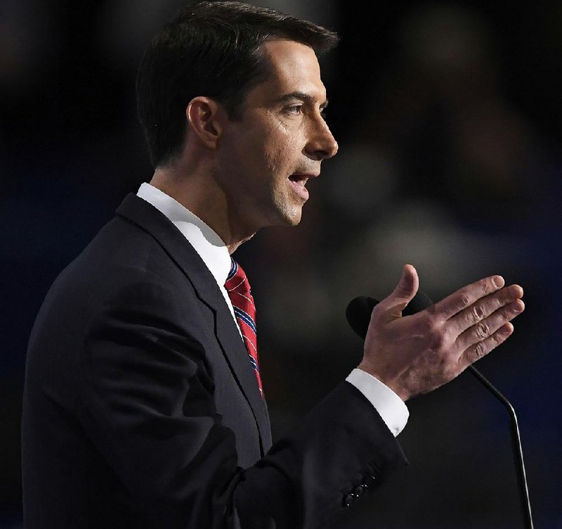 Sen. Tom Cotton, R-Ark., addresses delegates Monday at the Republican National Convention in Cleveland.
