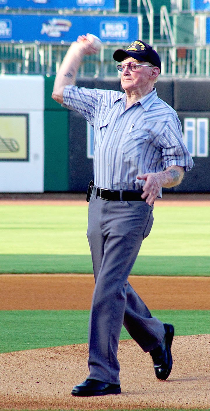 Photo by Randy Moll Burl Lyons, of Gentry, threw out the first pitch at Arvest Ballpark in Springdale at the game between the Arkansas Naturals and the Springfield Cardinals on Wednesday, July 13, 2016. Lyons was a player on the 1950-51 semi-pro Gentry town baseball team. He played outfield, mostly in centerfield. He served in the U.S. Navy from 1952 to 1974 and then worked for Walmart. It was Gentry night at Arvest Ballpark on Wednesday.