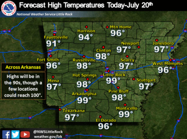 This National Weather Service graphic shows expected high temperatures across the state Wednesday. The agency noted that the air will feel even hotter than these readings when the high humidity is factored in.