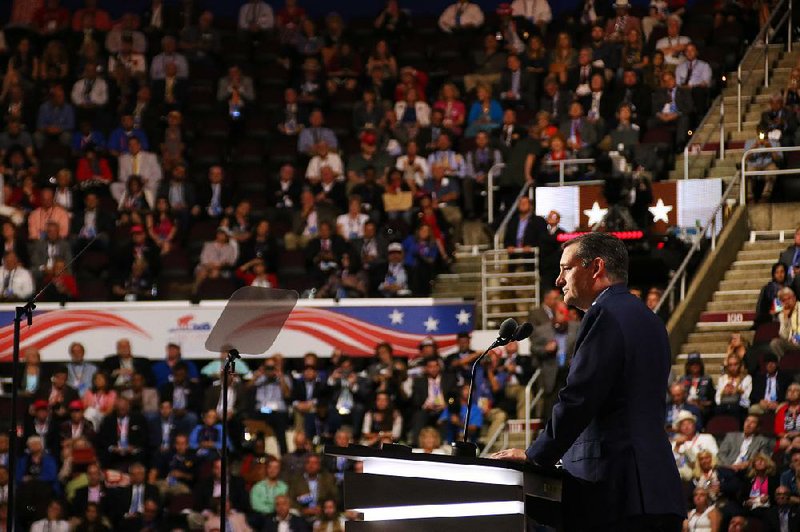 Sen. Ted Cruz of Texas speaks on day three of the Republican National Convention, at the Quicken Loans Arena in Cleveland, July 20, 2016. "Like each of you, I want to see the principles that our party believes prevail in November,” Cruz told the crowd. (Chang W. Lee/The New York Times)