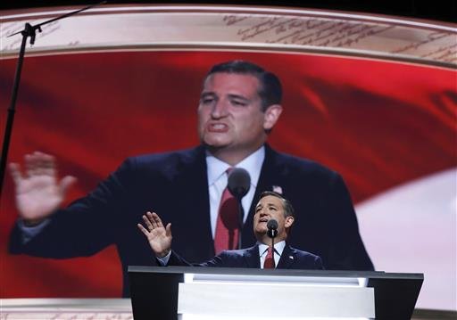 Sen. Ted Cruz, R-Tex., addresses the delegates during the third day session of the Republican National Convention in Cleveland, Wednesday, July 20, 2016. (AP Photo/Carolyn Kaster)
