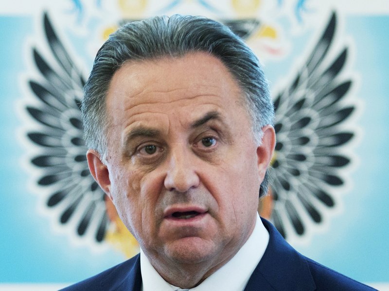 Russian Sports Minister Vitaly Mutko speaks to the media in Moscow, Russia, Thursday, July, 21, 2016. Mutko says the country's athletes who are banned from competing in next month's Olympics in Rio de Janeiro could go to a civil court to try and overturn the ban. 