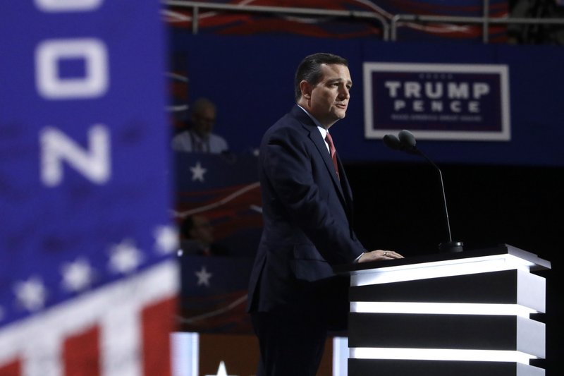 Sen. Ted Cruz, R-Tex., addresses the delegates during the third day session of the Republican National Convention in Cleveland, Wednesday, July 20, 2016. 