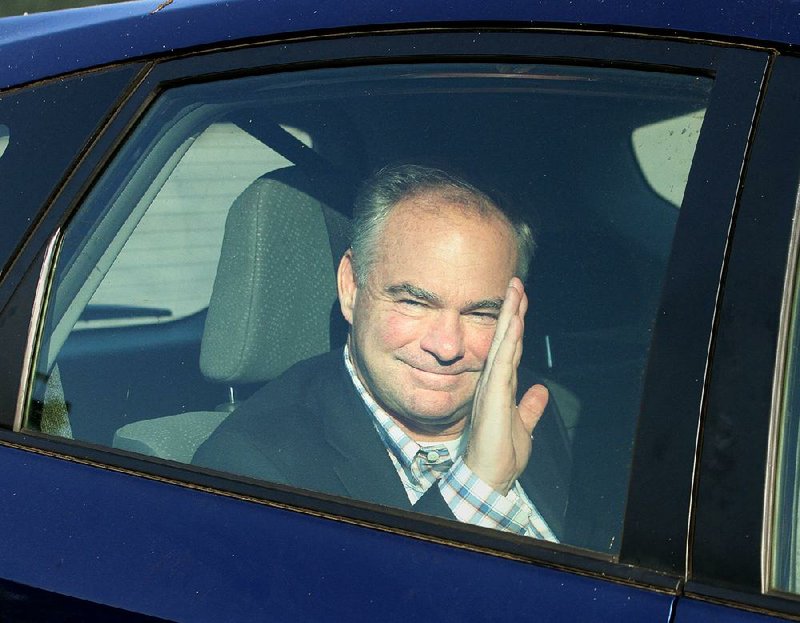 Sen. Tim Kaine of Virginia arrives for a private fundraiser Friday evening in Newport, R.I., that was hosted by fellow Democratic Sen. Jack Reed of Rhode Island.