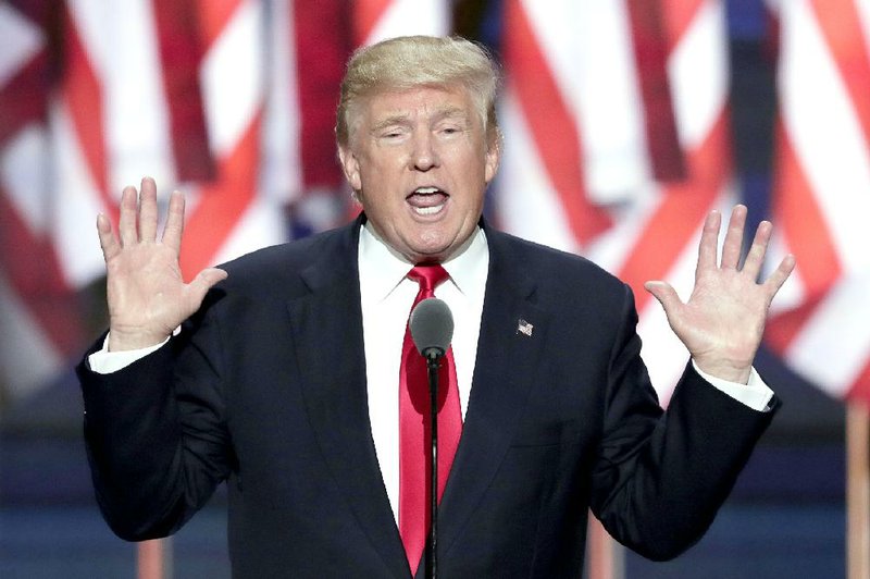 In this Thursday, July 21, 2016 file photo, Republican Presidential Candidate, Donald Trump, speaks during the final day of the Republican National Convention in Cleveland. 