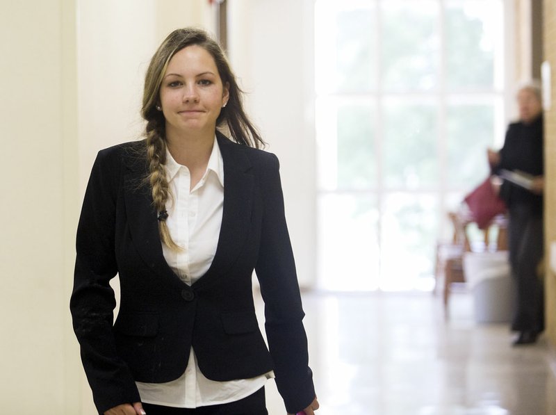 NWA Democrat-Gazette/JASON IVESTER Jennifer Moss, 21, of Gentry walks to Judge Robin Green&#8217;s courtroom Wednesday to hear the verdict for her trial at the Benton County Courthouse in Bentonville. Moss is charged with manslaughter and first-degree endangering the welfare of a minor, both felonies.