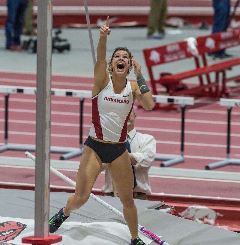 Lexi Weeks reacts to her winning vault of 14-8.25 to take gold in the pole vault during the SEC Indoor Track Championships in February.