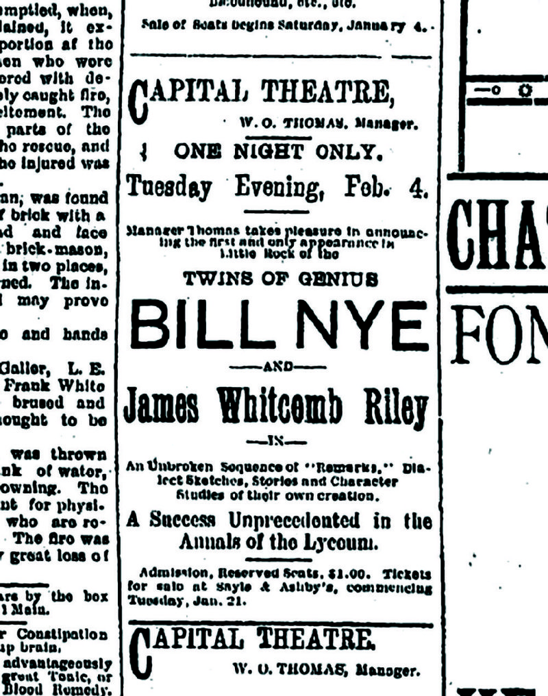 Ad for the Feb. 4, 1890, Twins of Genius show, featuring humorist Bill Nye and poet James Whitcomb Riley, that never appeared at the Capital Theatre because the touring partners broke up over Riley's drinking in Louisville, Ky., at the end of January 1890.
