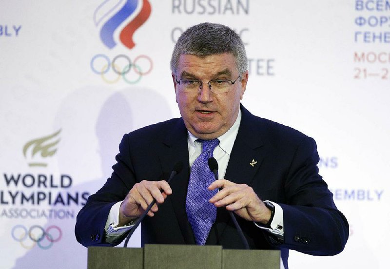 In this Wednesday, Oct. 21, 2015 file photo, International Olympic Committee (IOC) President Thomas Bach speaks at the World Olympians Forum in Moscow, Russia. 