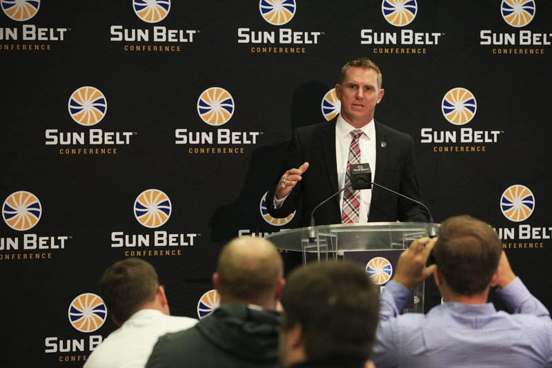 Arkansas State coach Blake Anderson speaks Monday at Sun Belt media day.