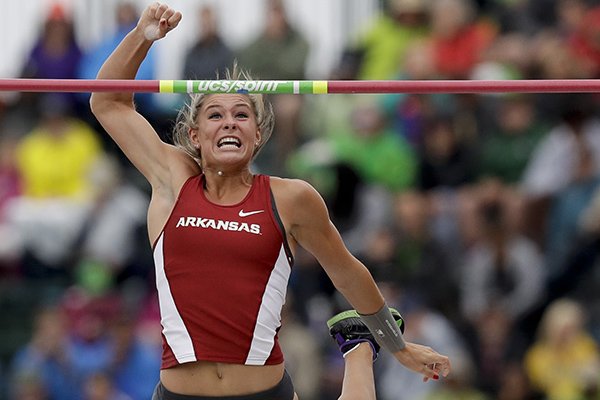 Alexis Weeks celebrates during the women's pole vault final at the U.S. Olympic Track and Field Trials, Sunday, July 10, 2016, in Eugene Ore. (AP Photo/Charlie Riedel)