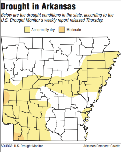 Map showing the Drought conditions in Arkansas. 