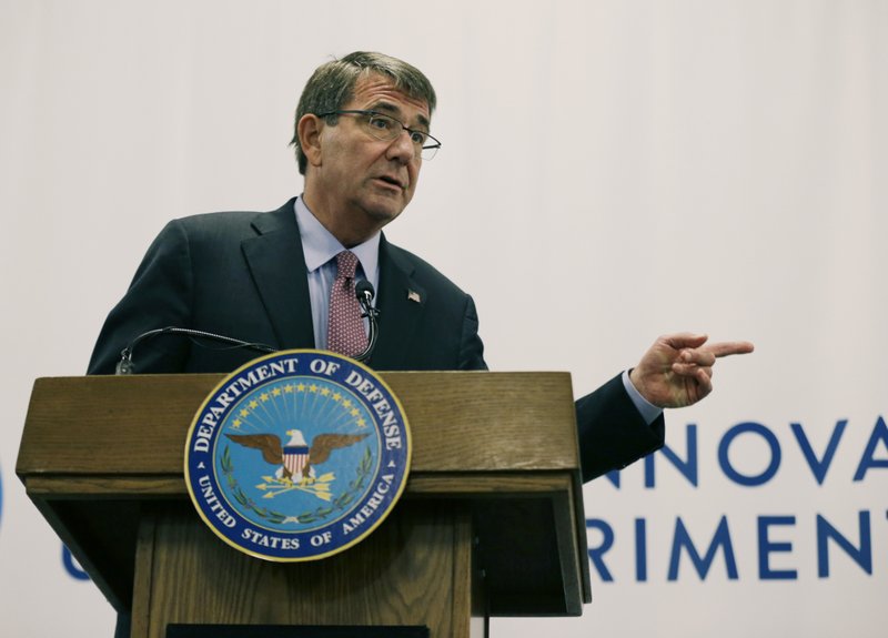 In this July 26, 2016 file photo, Defense Secretary Ash Carter speaks during a news conference in Cambridge, Mass. The U.S. is exploiting an enormous amount of digital information about the Islamic State obtained by Syrian rebels fighting for control of the city of Manbij.