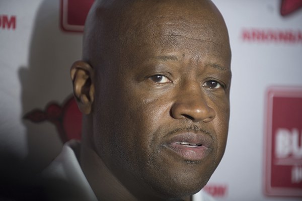 Arkansas coach Mike Anderson answers questions during a news conference Monday, July 25, 2016, in Fayetteville. 
