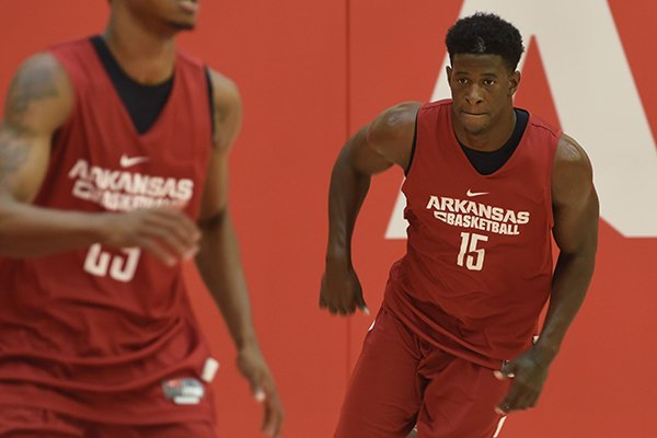 Arkansas guard Jaylen Barford goes through practice Monday, July 25, 2016, in Fayetteville. 