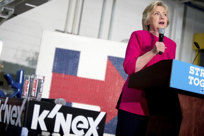 Democratic presidential candidate Hillary Clinton speaks at a rally at K'NEX, a toy company in Hatfield, Pa., Friday, July 29, 2016. Clinton and Kaine begin a three day bus tour through the rust belt. 