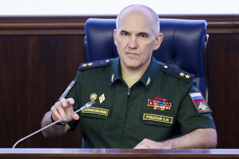 Lt.-Gen. Sergei Rudskoi of the Russian Military General Staff, speaks to the media at a Russian Defense Ministry building in Moscow, Russia, Monday, Aug. 1, 2016. 