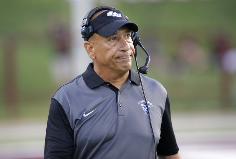 Georgia State head coach Trent Miles reacts from the sidelines during the first half of a game against New Mexico State in Las Cruces, N.M., on Saturday, Sept. 12, 2015.