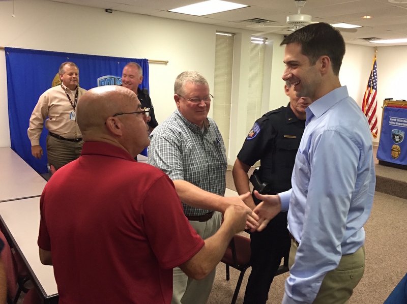 U.S. Sen. Tom Cotton speaks to North Little Rock police officers Tuesday, Aug. 2, 2016. 