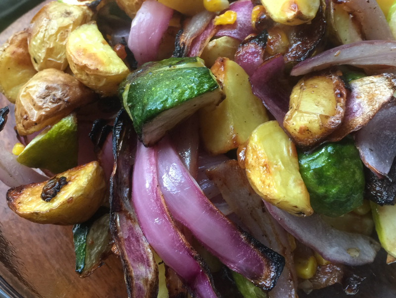 Roasted mixed squash with red onions and potatoes