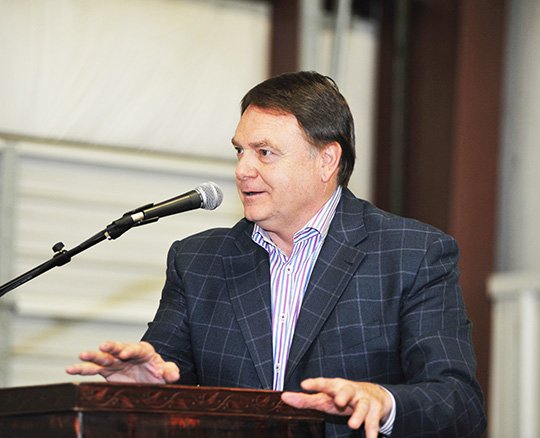 The Sentinel-Record/Mara Kuhn - Former Razorback Head Football Coach Houston Nutt speaks at Alliance Rubber Company's 93rd anniversary party on Friday, March 4, 2016.