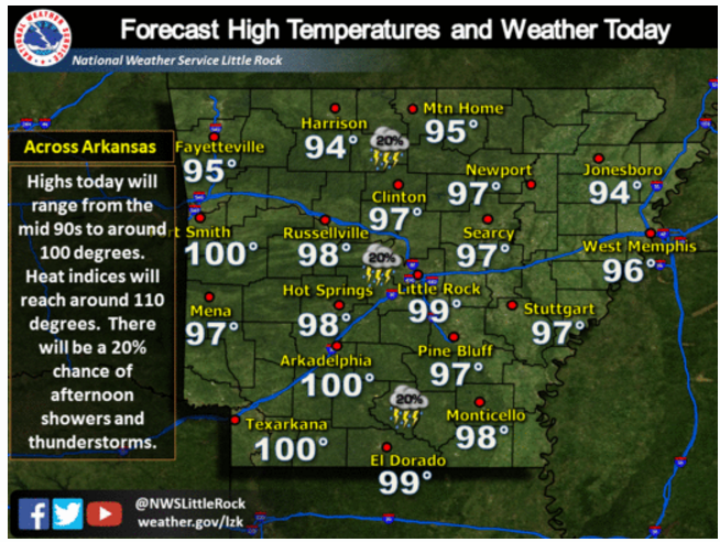 This National Weather Service graphic details expected high temperatures around the state Wednesday.