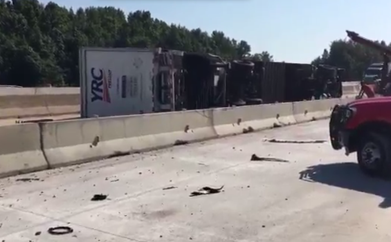 An overturned truck on Interstate 440 Thursday.