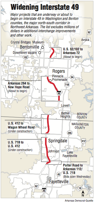 A map showing major projects that are underway or about to begin on Interstate 49 in Washington and Benton counties.