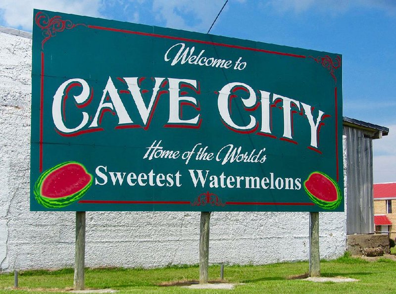 A billboard touts Cave City’s claim to have the sweetest watermelons anywhere. 