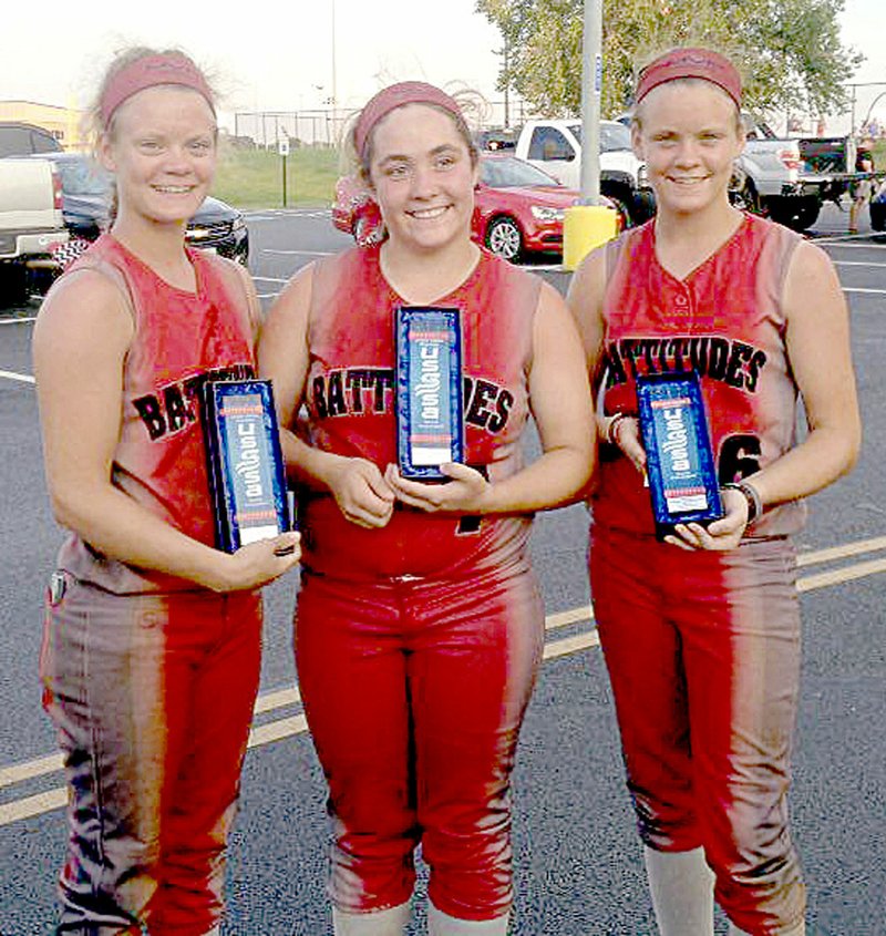 Photo submitted Chloe Colvin, Whitney Kinser, Madison Colvin, all of McDonald County, play on the 14B MVP A Battitudes of Gelena, Kan., which recently won the 2016 USSSA National Midwest tournament in Bentonville, Ark. The trio are freshman this fall at McDonald County High School.