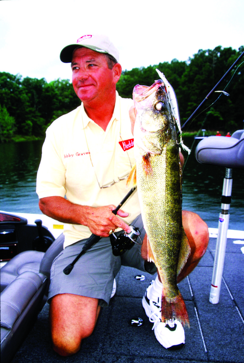 Bobby Graves of Mount Ida shows off a hefty summer walleye caught in Lake Ouachita. Despite anglers’ misconceptions, these fish bite readily throughout the summer if the right techniques are employed.