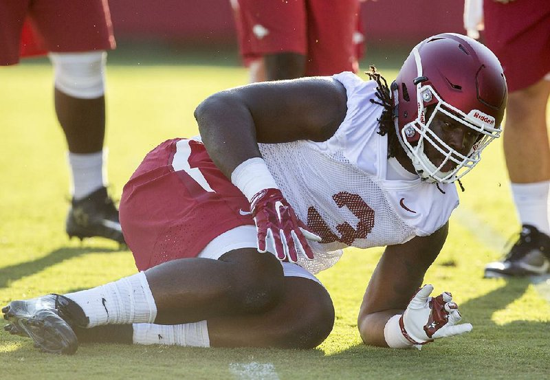 NWA Democrat-Gazette/JASON IVESTER
McTelvin "Sosa" Agim, freshman defensive lineman
Arkansas football practice on Thursday, Aug. 4, 2016, at the University of Arkansas in Fayetteville.