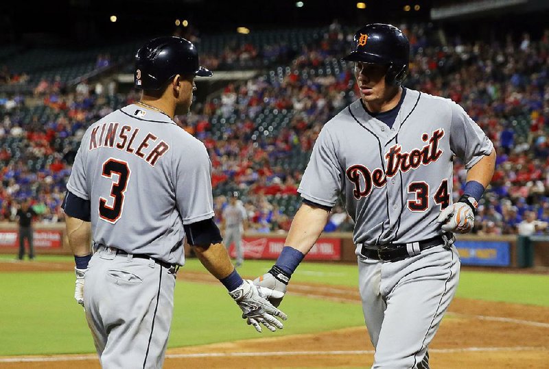 Detroit catcher and former Arkansas Razorback James McCann (34) went 2 for 4, including a double and a 2-run home run, with 3 RBI as the Tigers fell to the Texas Rangers 8-5 on Friday in Arlington, Texas. 
