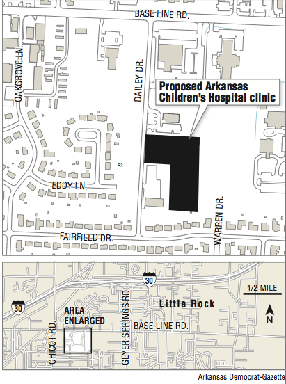 A map showing the location of the proposed Arkansas Children’s Hospital clinic.