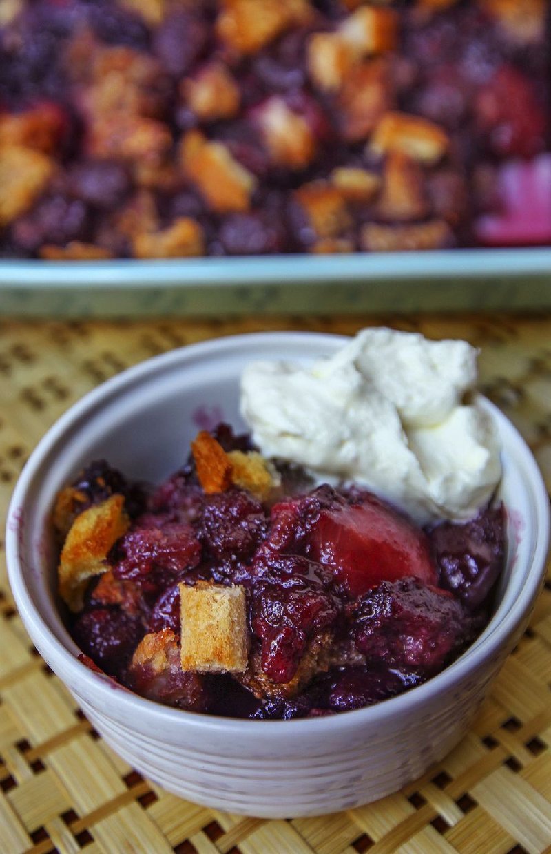 Brown Betty is traditionally made with apples, but any fruit can be used. This one features plums, cherries, blueberries and blackberries. 