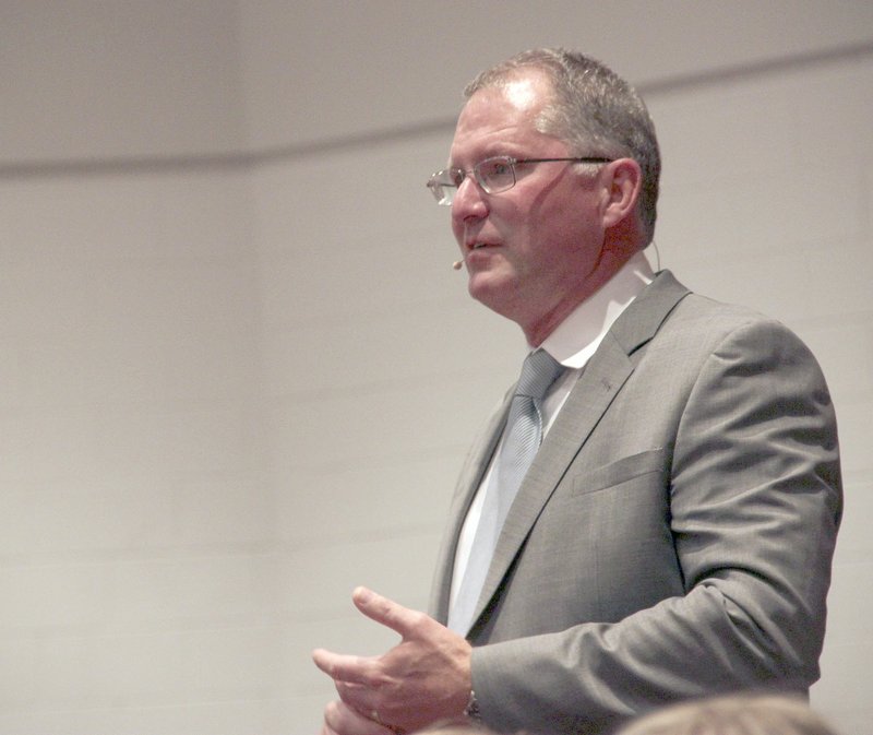 Author Dave Pelzer of California gives an inspirational speech to Lincoln teachers and administrators last week. He was abused as a child and now helps with programs on child abuse and preventing child abuse.