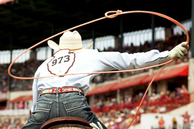 Photo by Brittany Coffee Zac Small, from Welch, Okla., was photographed by Brittany Coffee during the team-roping competition in the Cheyenne Frontier Days rodeo in Cheyenne, Wyo.