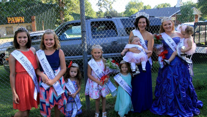 Photo by Steve Huckriede Pictured are winners of the nine pageants held on Gravette Day. Contests were held from 3 p.m. to 6 p.m. in the afternoon on the stage in Kindley Park. Torrie Dixon, 18, of Gravette, was crowned Miss Gravette 2016 and Cori Beth Overstreet, 16, of Gravette was chosen Miss Teen Gravette 2016. Winners of all other divisions are listed in the accompanying article.