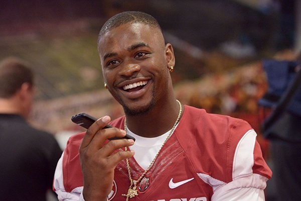 DJ Dean, Arkansas cornerback, talks to the press on Sunday Aug. 7, 2016 during Arkansas football media day at the Fred W. Smith Football Center in Fayetteville.