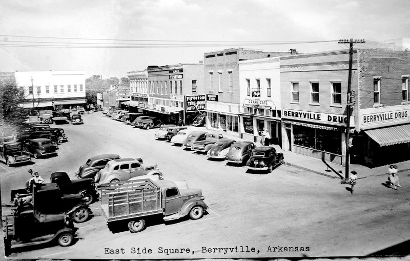 This postcard picture shows the east side of the Berryville square, however, probably in the late 1940s. The historic square through the years was home to a harness shop; dry goods stores, groceries and mercantiles; hardware stores; a blacksmith forge; car dealerships; a bus station; the hall of the International Order of the Oddfellows; and more.