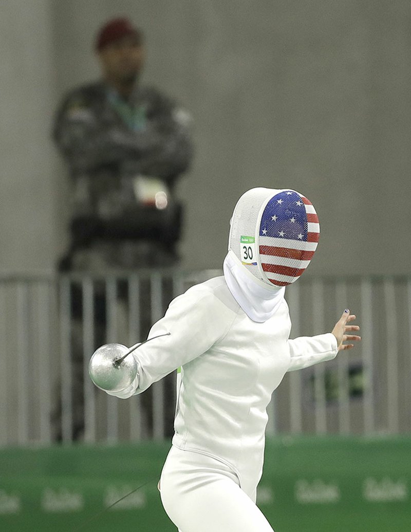 Margaux Isaksen of the United States competes Thursday during the fencing portion of the women’s modern pentathlon at the Summer Olympics in Rio de Janeiro, Brazil.