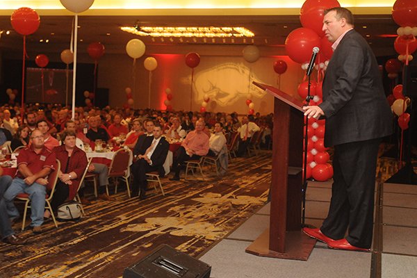 Arkansas coach Bret Bielema speaks during the annual Razorback Football Kickoff Luncheon on Friday, Aug. 19, 2016, at the Northwest Arkansas Convention Center in Springdale. 