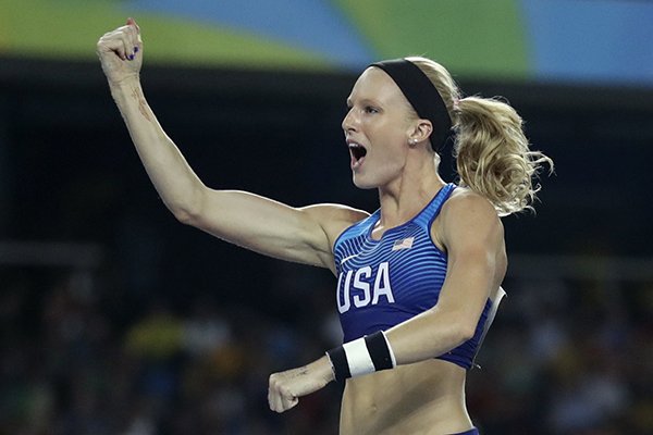 Silver medal winner, United States' Sandi Morris celebrates after the women's pole vault final, during the athletics competitions of the 2016 Summer Olympics at the Olympic stadium in Rio de Janeiro, Brazil, Friday, Aug. 19, 2016. (AP Photo/Matt Dunham)